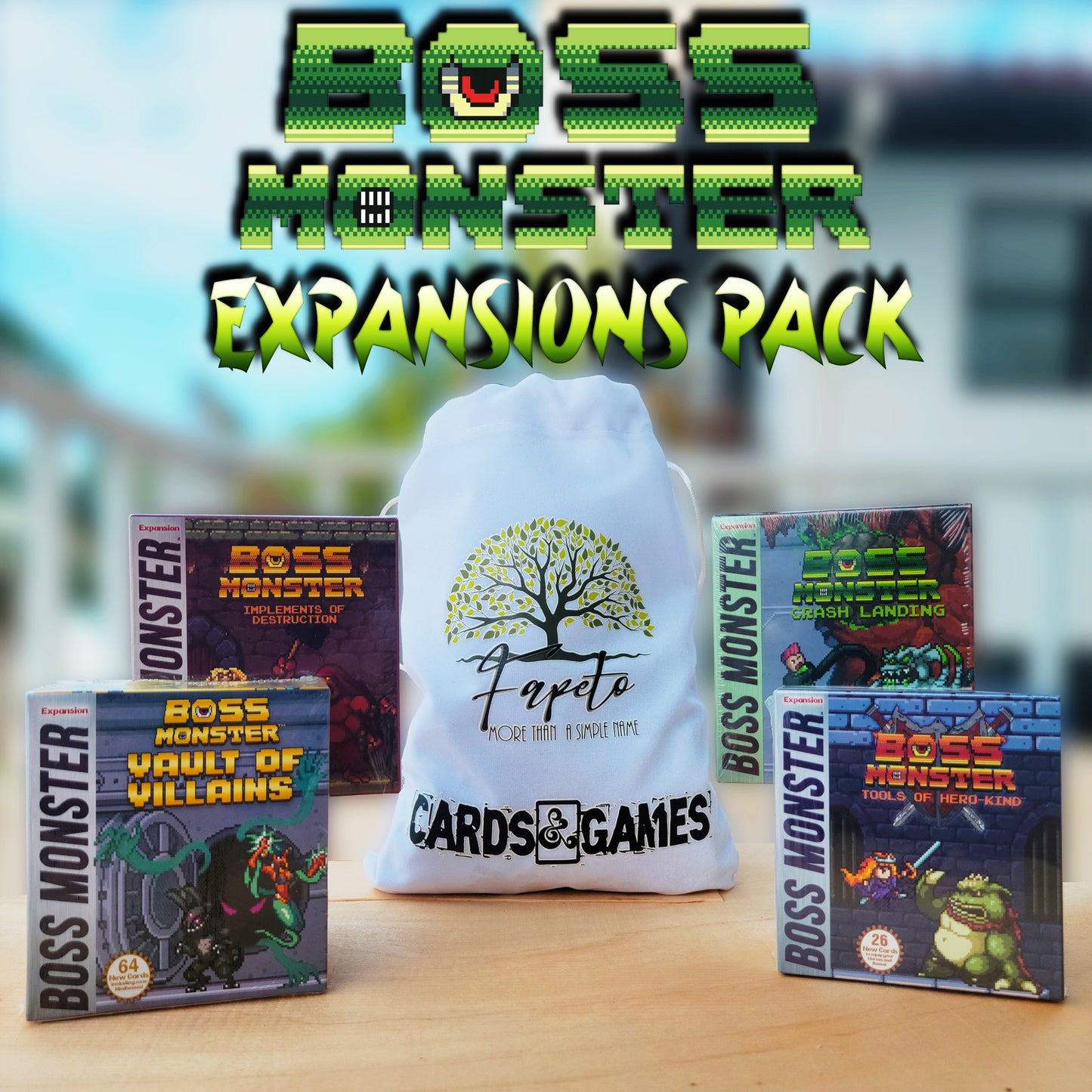 Pack Of Boss Monster -Only Expansions- (Tools of Hero-Kind, Crash Landing, Implements of Destruction & Vault of Villains) Bundle With Random Color Drawstring Bag